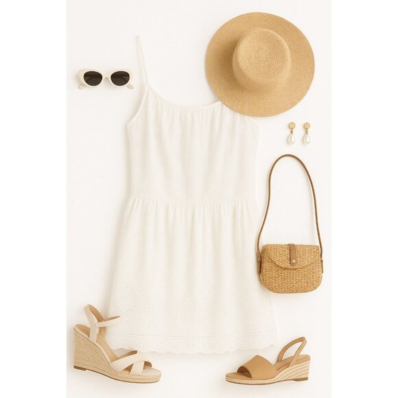 Unsubscribed White Eyelet Drop Waist Sundress Spaghetti Strap Cotton Dress Med - Picture 13 of 16